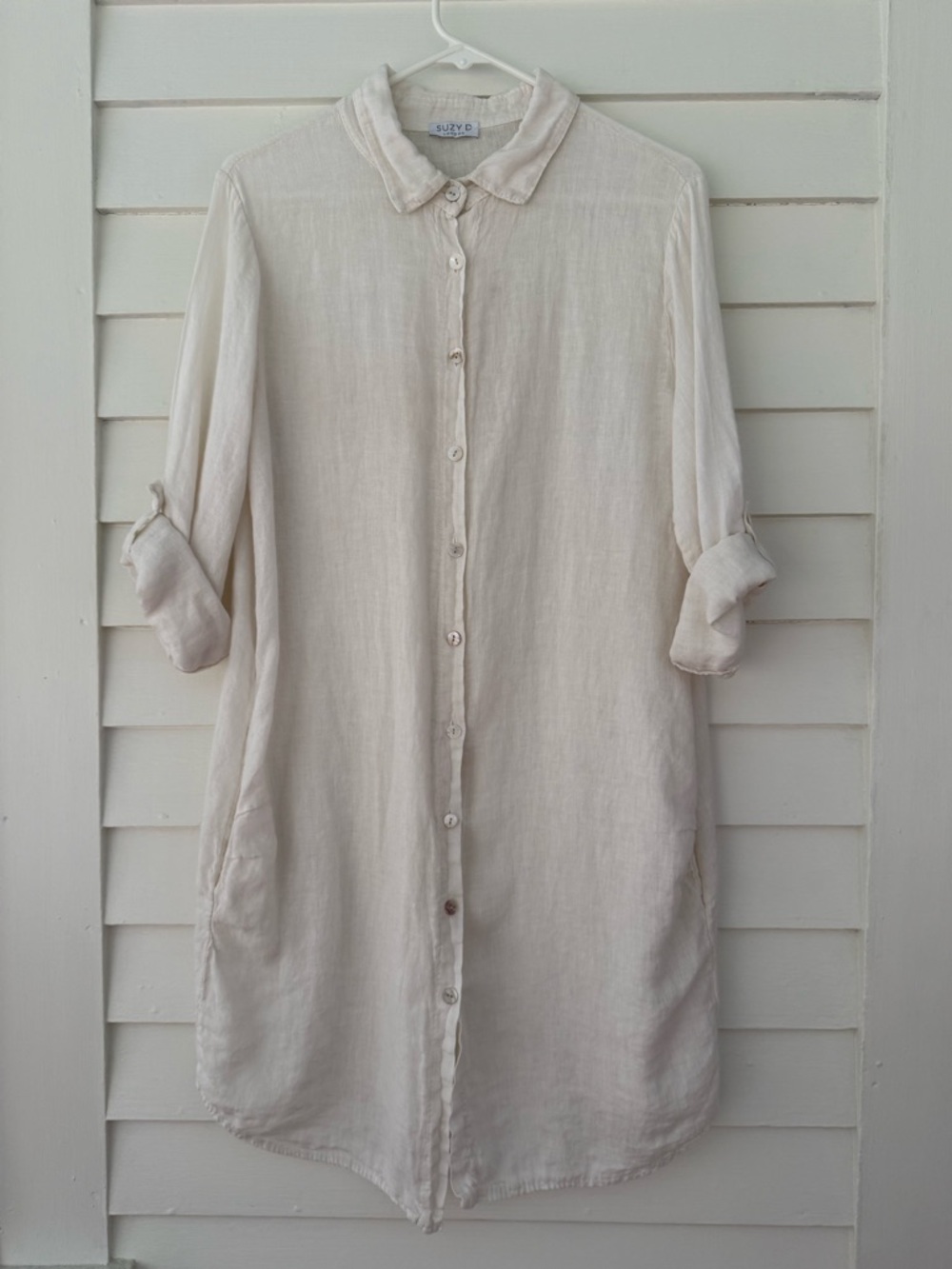 Suzy D London | 100% Linen Shirt Dress Cover Up White Button Down